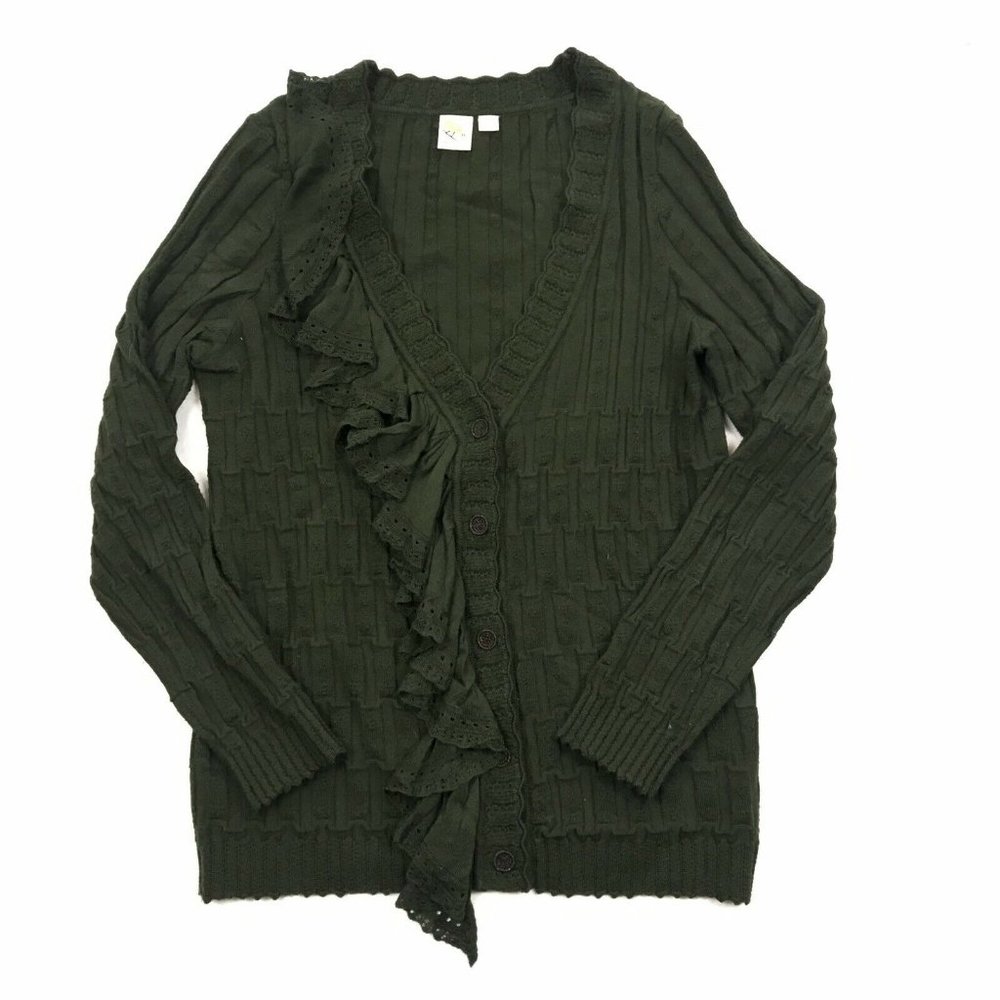 Anthropologie Green Ruffle Cardigan Sweater
